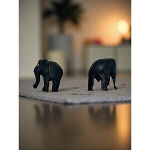 Pair Hand Carved Ebony Wood Miniature African Elephants-Vintage-Figurine-Animals